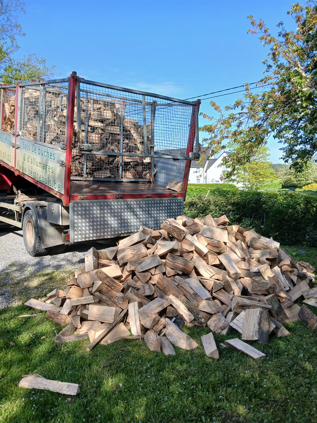 Camion benne Berthebois déchargeant des bûches fendues à Florennes