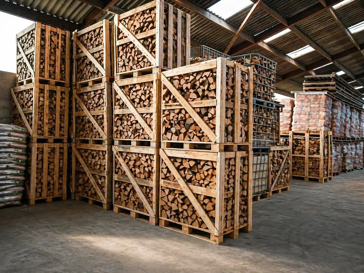 Caisses palettes de bûches calibrées sous hangar — stock prêt à livrer